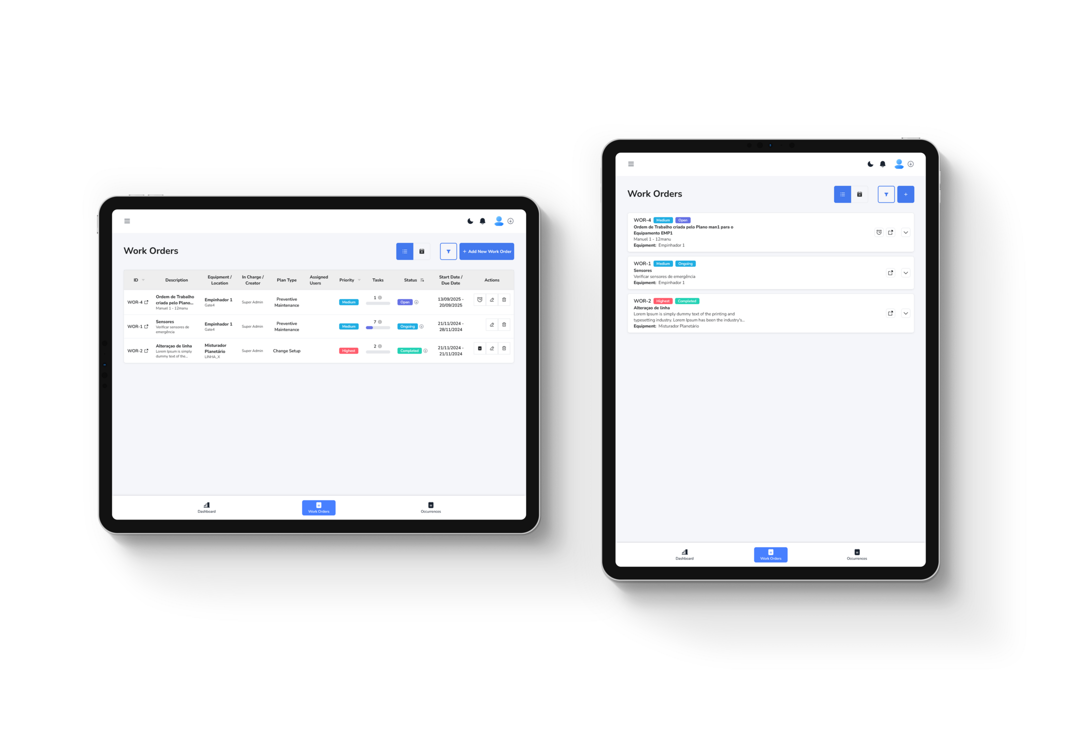 Ordens de trabalho em 2 tablets