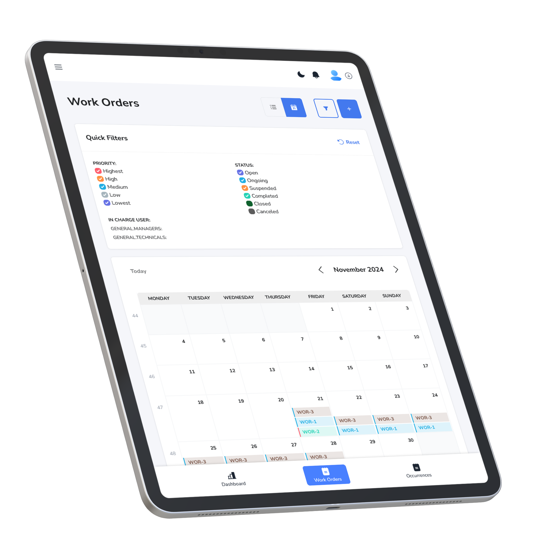 Calendário de ordens de trabalho no tablet